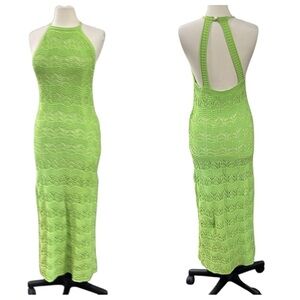 NWOT House of Harlow 1960 Crochet Maxi Dress Cut Out Back Bright Green SZ M